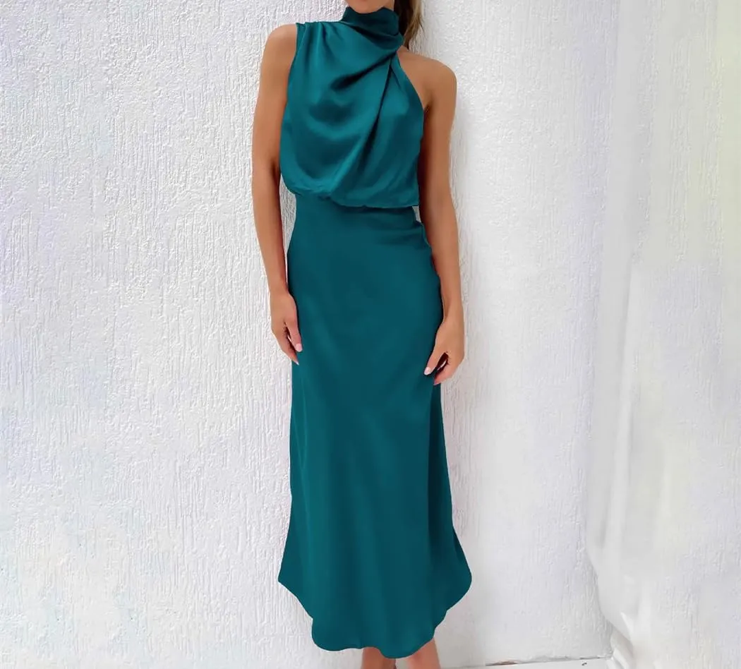 Women Sleeveless Casual Satin Silk Dresses Summer Evening Party Elegant A-Line Dresses