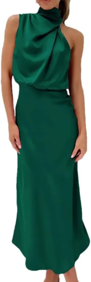 Women Sleeveless Casual Satin Silk Dresses Summer Evening Party Elegant A-Line Dresses
