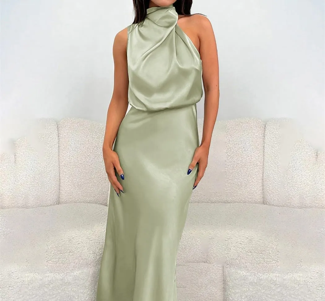 Women Sleeveless Casual Satin Silk Dresses Summer Evening Party Elegant A-Line Dresses