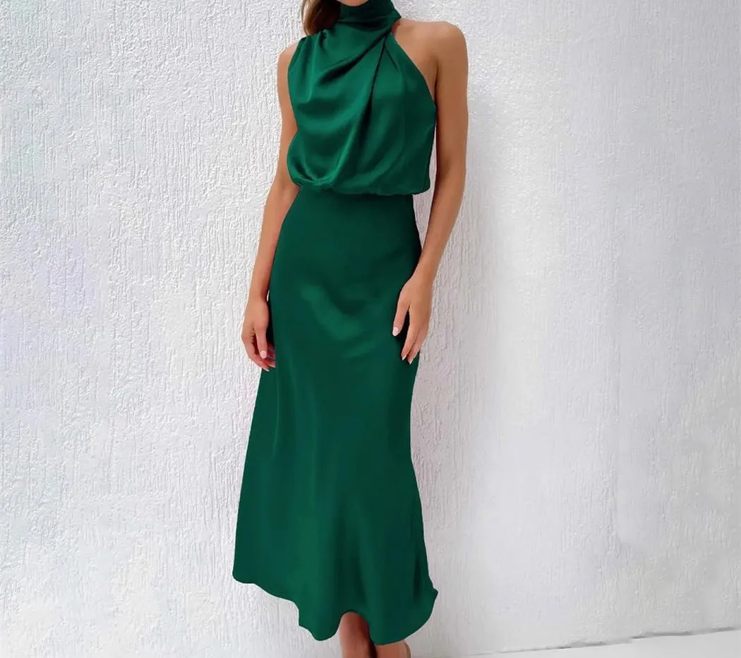 Women Sleeveless Casual Satin Silk Dresses Summer Evening Party Elegant A-Line Dresses