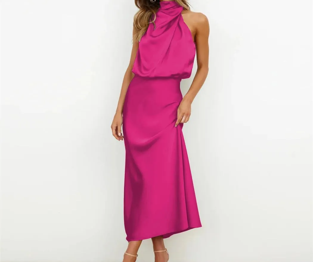 Women Sleeveless Casual Satin Silk Dresses Summer Evening Party Elegant A-Line Dresses