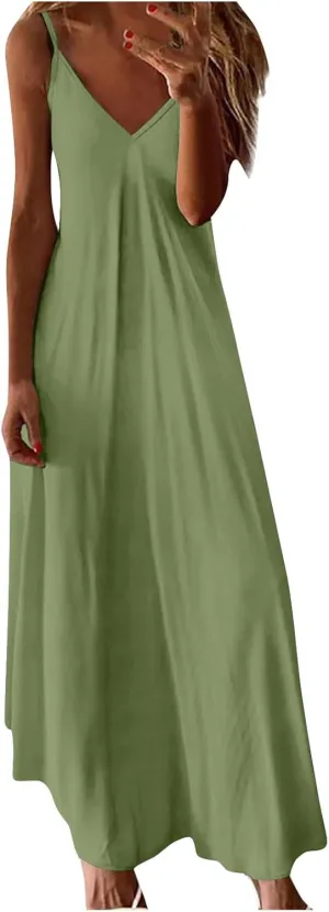 Women Spaghetti Straps Long Maxi Dress Summer V Neck Sleeveless Beach Vacation Dress Soft Comfy Casual Basic Robe Sundress