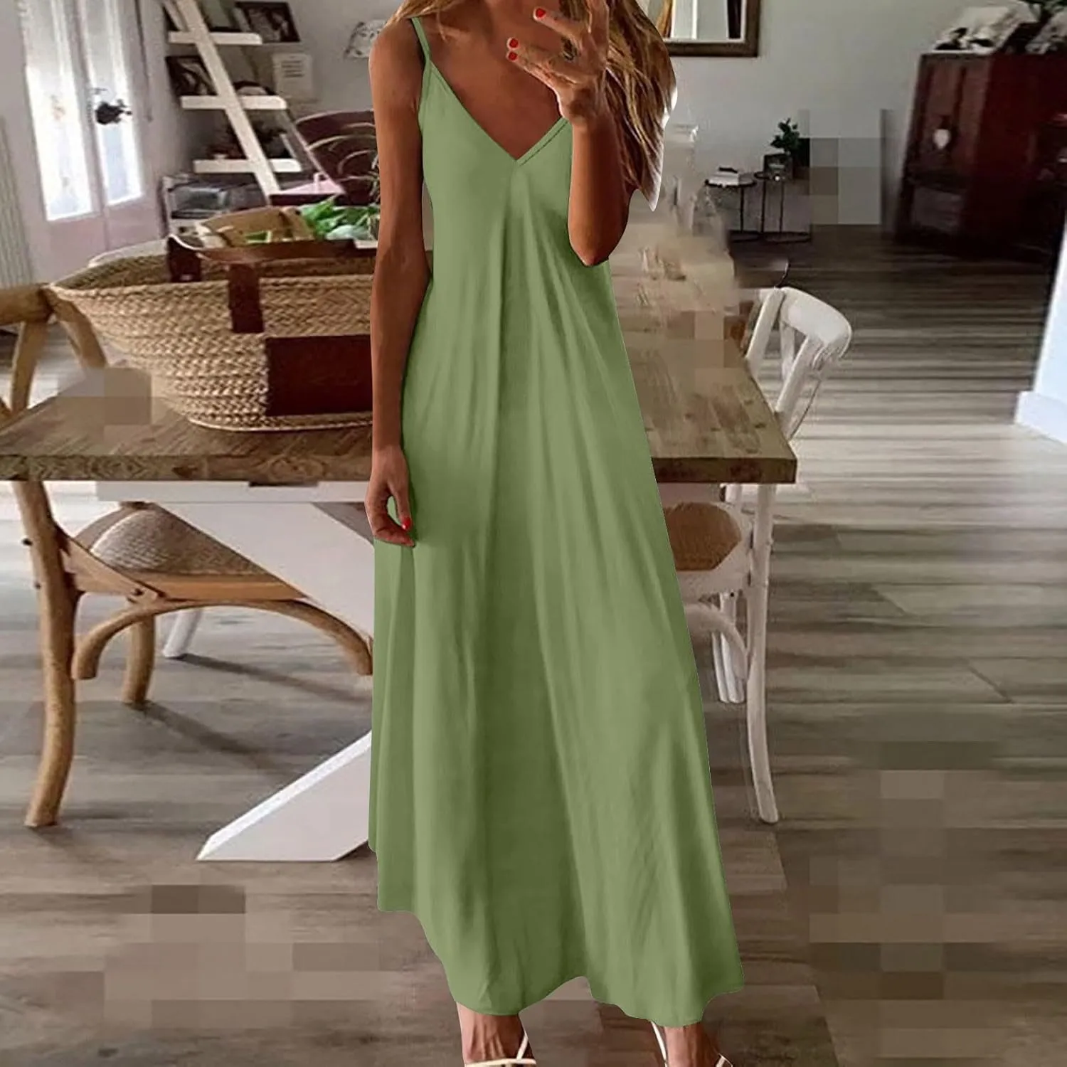 Women Spaghetti Straps Long Maxi Dress Summer V Neck Sleeveless Beach Vacation Dress Soft Comfy Casual Basic Robe Sundress