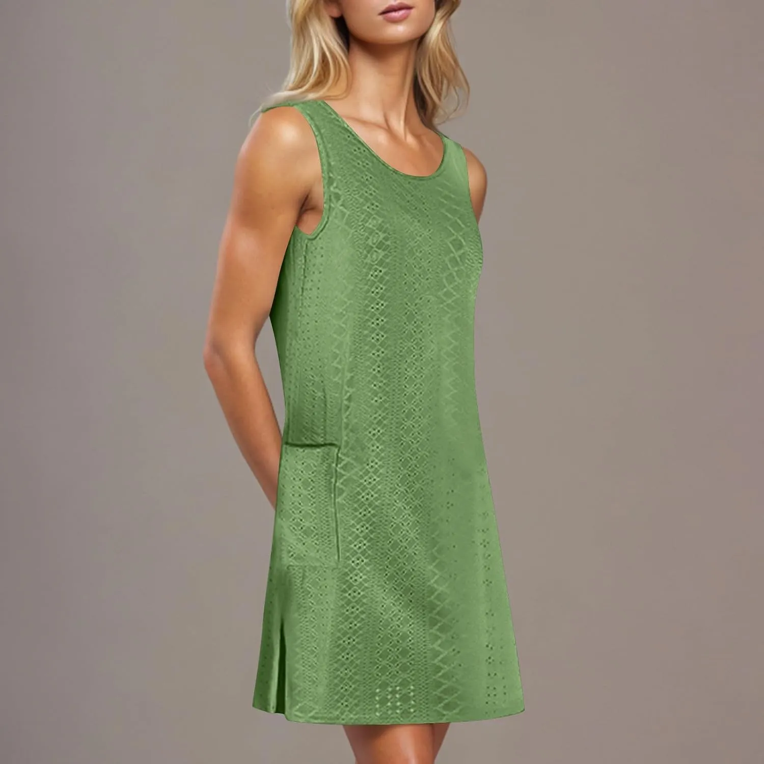 Women Summer Beach Mini Dress Basic Crew Neck Eyelet Sundresses Sleeveless Loose Dress with Pockets A-line Dresses