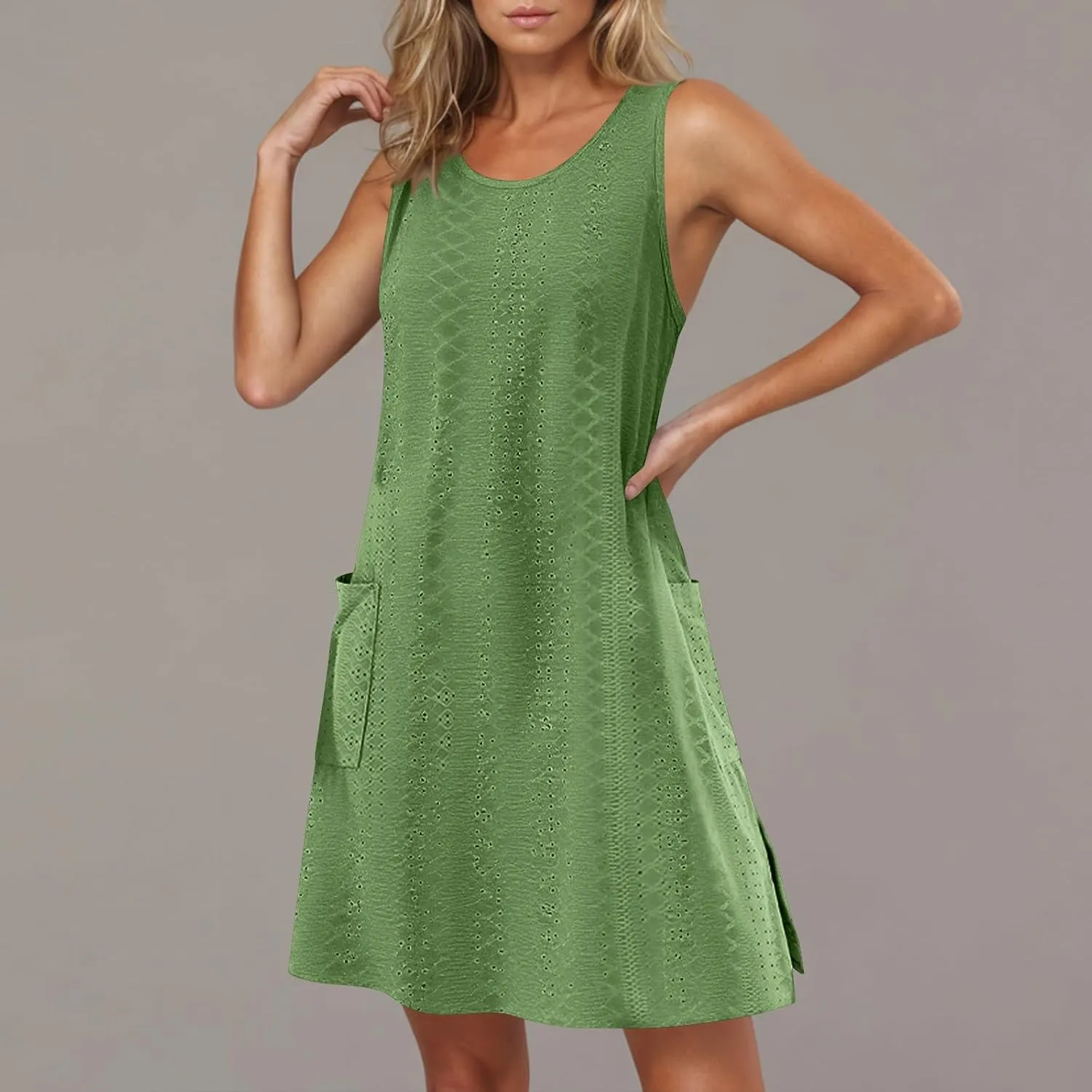 Women Summer Beach Mini Dress Basic Crew Neck Eyelet Sundresses Sleeveless Loose Dress with Pockets A-line Dresses