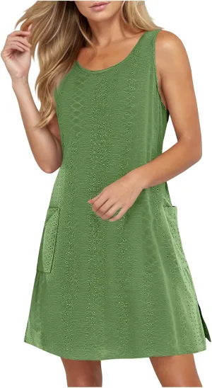 Women Summer Beach Mini Dress Basic Crew Neck Eyelet Sundresses Sleeveless Loose Dress with Pockets A-line Dresses