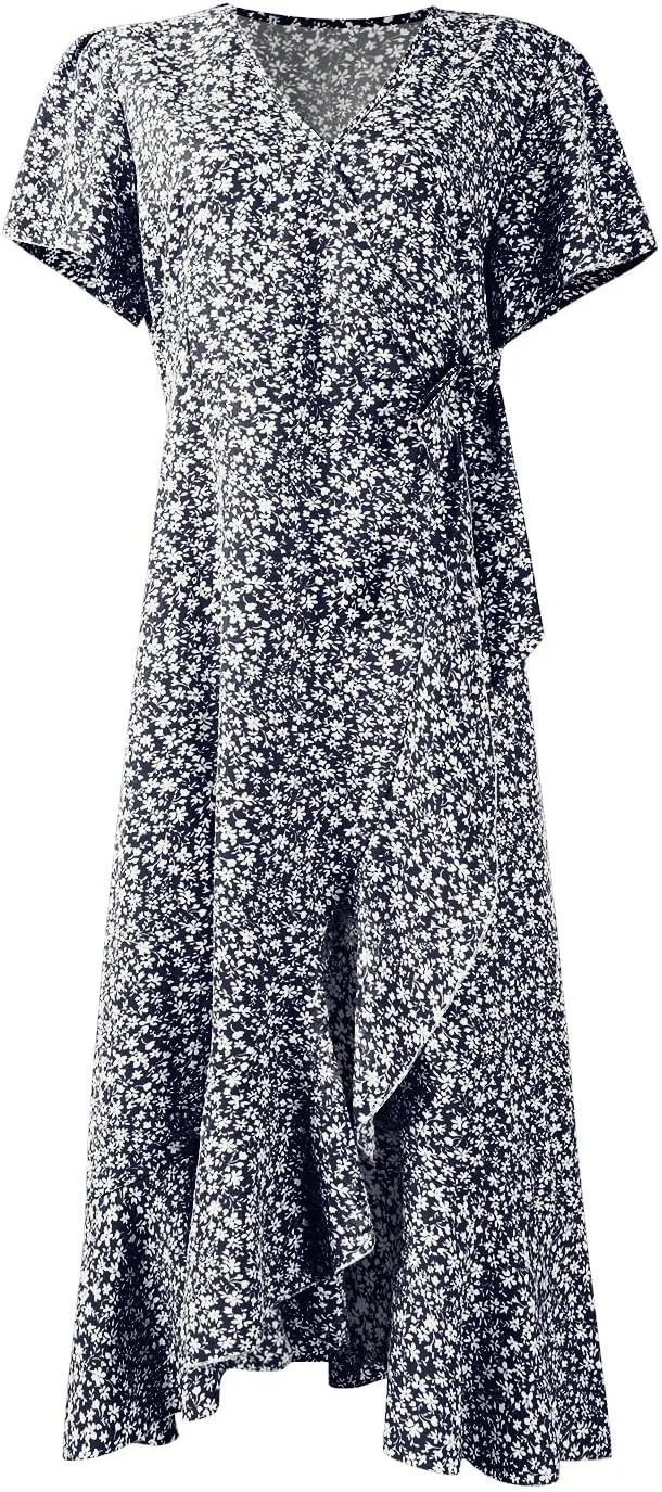 Women Summer Dresses Bohemian Floral Casual Wrap V Neck Ruffle Cap Sleeveless Belt A-Line Pleated Hem Midi Sun Dress