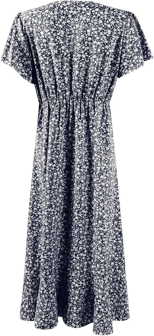 Women Summer Dresses Bohemian Floral Casual Wrap V Neck Ruffle Cap Sleeveless Belt A-Line Pleated Hem Midi Sun Dress
