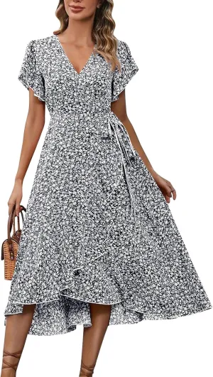 Women Summer Dresses Bohemian Floral Casual Wrap V Neck Ruffle Cap Sleeveless Belt A-Line Pleated Hem Midi Sun Dress
