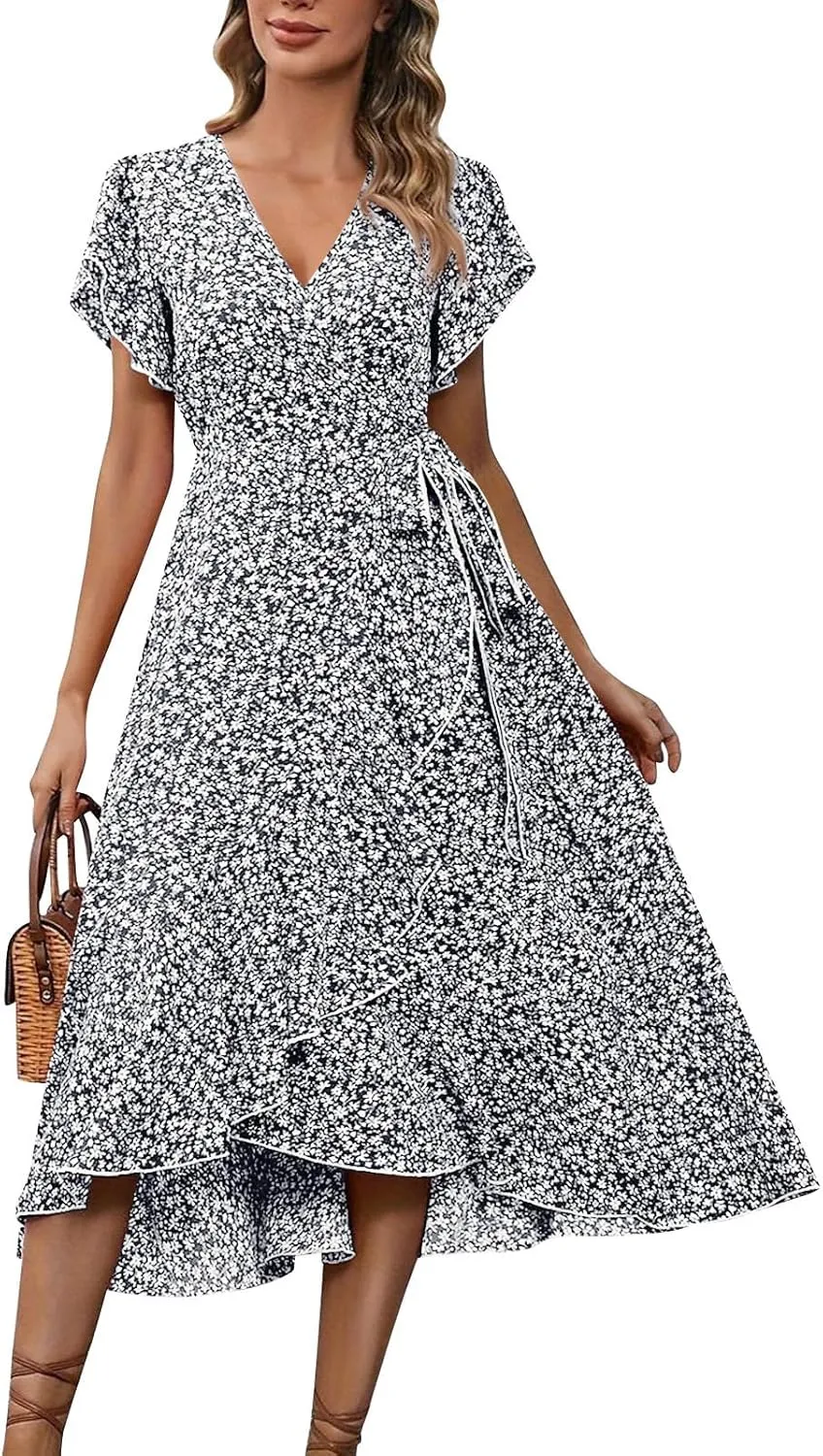 Women Summer Dresses Bohemian Floral Casual Wrap V Neck Ruffle Cap Sleeveless Belt A-Line Pleated Hem Midi Sun Dress