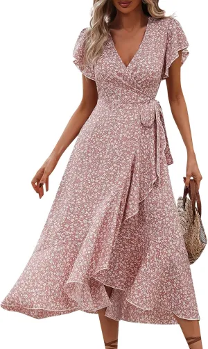 Women Summer Dresses Bohemian Floral Casual Wrap V Neck Ruffle Cap Sleeveless Belt A-Line Pleated Hem Midi Sun Dress