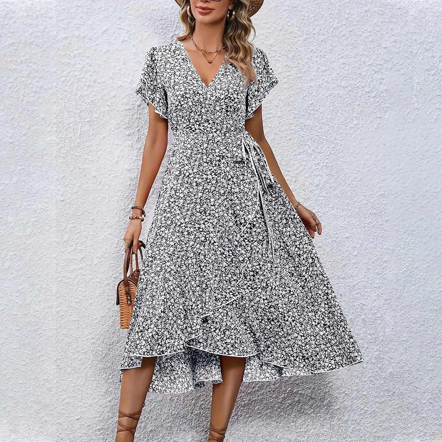 Women Summer Dresses Bohemian Floral Casual Wrap V Neck Ruffle Cap Sleeveless Belt A-Line Pleated Hem Midi Sun Dress