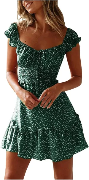 Women Summer Dresses Square Neck Ruffle Sleeve Pleated Tiered Floral Print Boohemian Mini Dress Beach Vacation Clothes