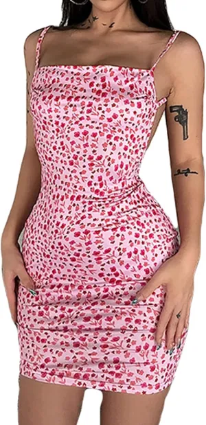 Women Summer Sexy Cami Mini Dress Floral Ruffle Y2K Fashion Sleeveless Midi Dress Split Backless Sundress