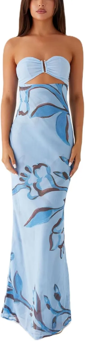 Women Y2k Floral Cut Out Maxi Bodycon Dress Hollow Out Silk Satin Long Beach Formal Dresses Summer Sundress