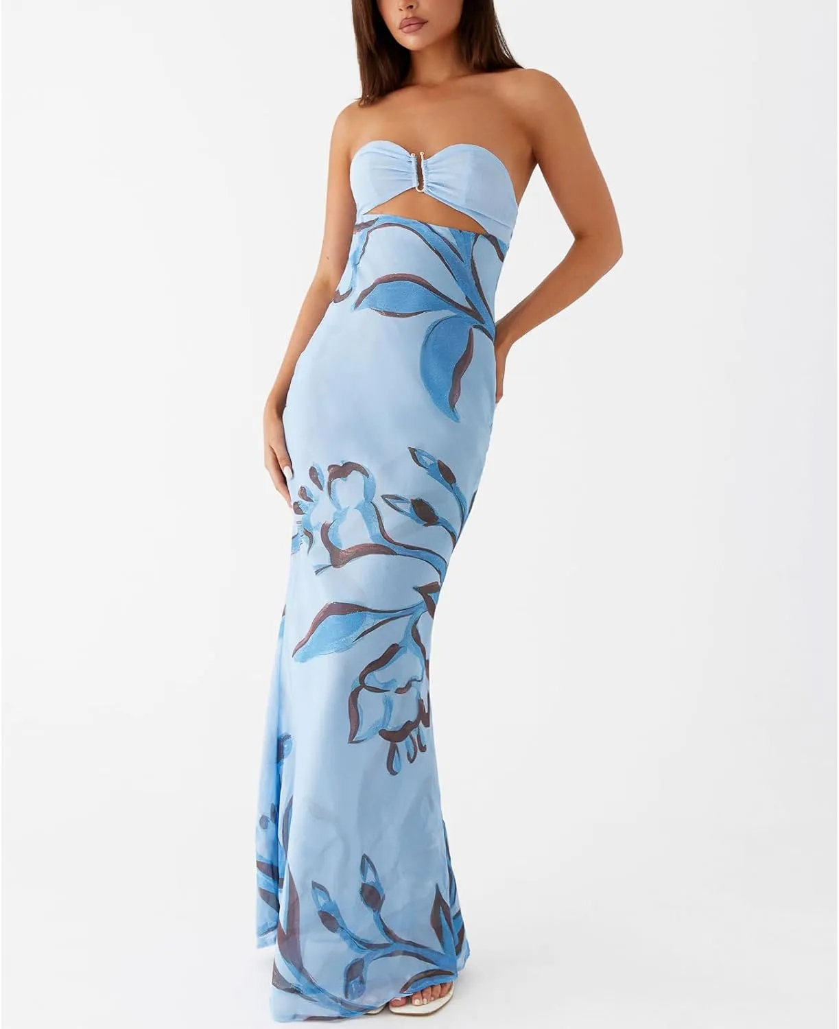 Women Y2k Floral Cut Out Maxi Bodycon Dress Hollow Out Silk Satin Long Beach Formal Dresses Summer Sundress