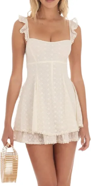 Women Y2K Lace Trim Mini Dress Square Neck Ruffle Going Out Dress Backless A Line Bustier Graduation Dresses
