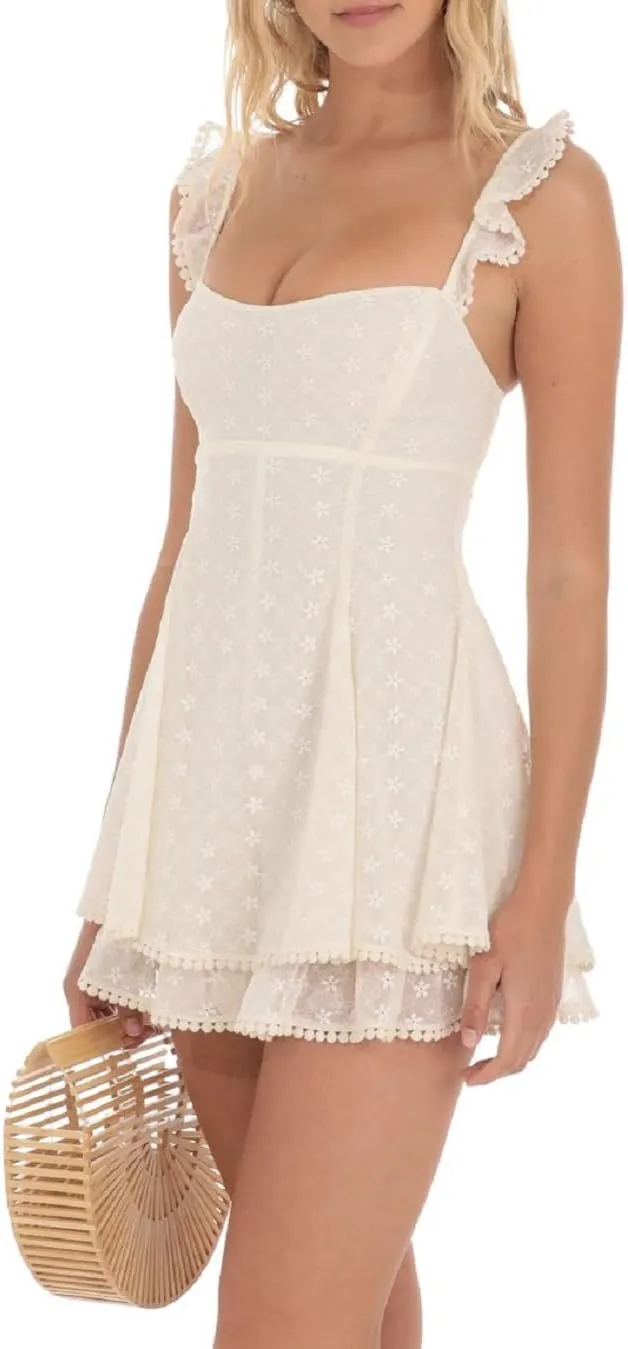 Women Y2K Lace Trim Mini Dress Square Neck Ruffle Going Out Dress Backless A Line Bustier Graduation Dresses