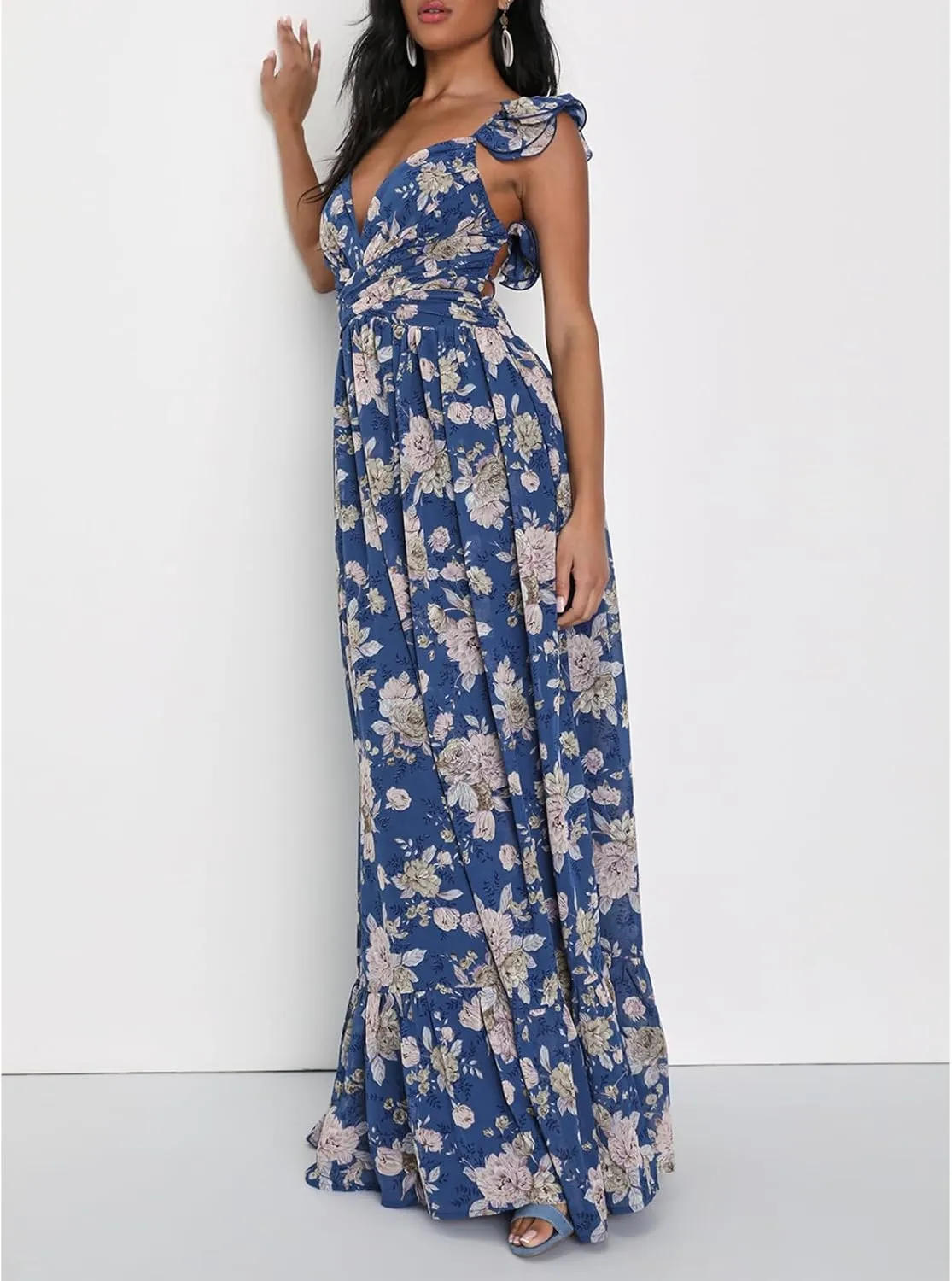 Women Y2k Lace Up Back Floral Maxi Dress Cute Ruffle Trim Backless Tie Beach Formal Long Flowy Dresses