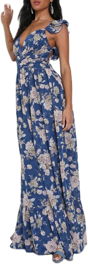 Women Y2k Lace Up Back Floral Maxi Dress Cute Ruffle Trim Backless Tie Beach Formal Long Flowy Dresses