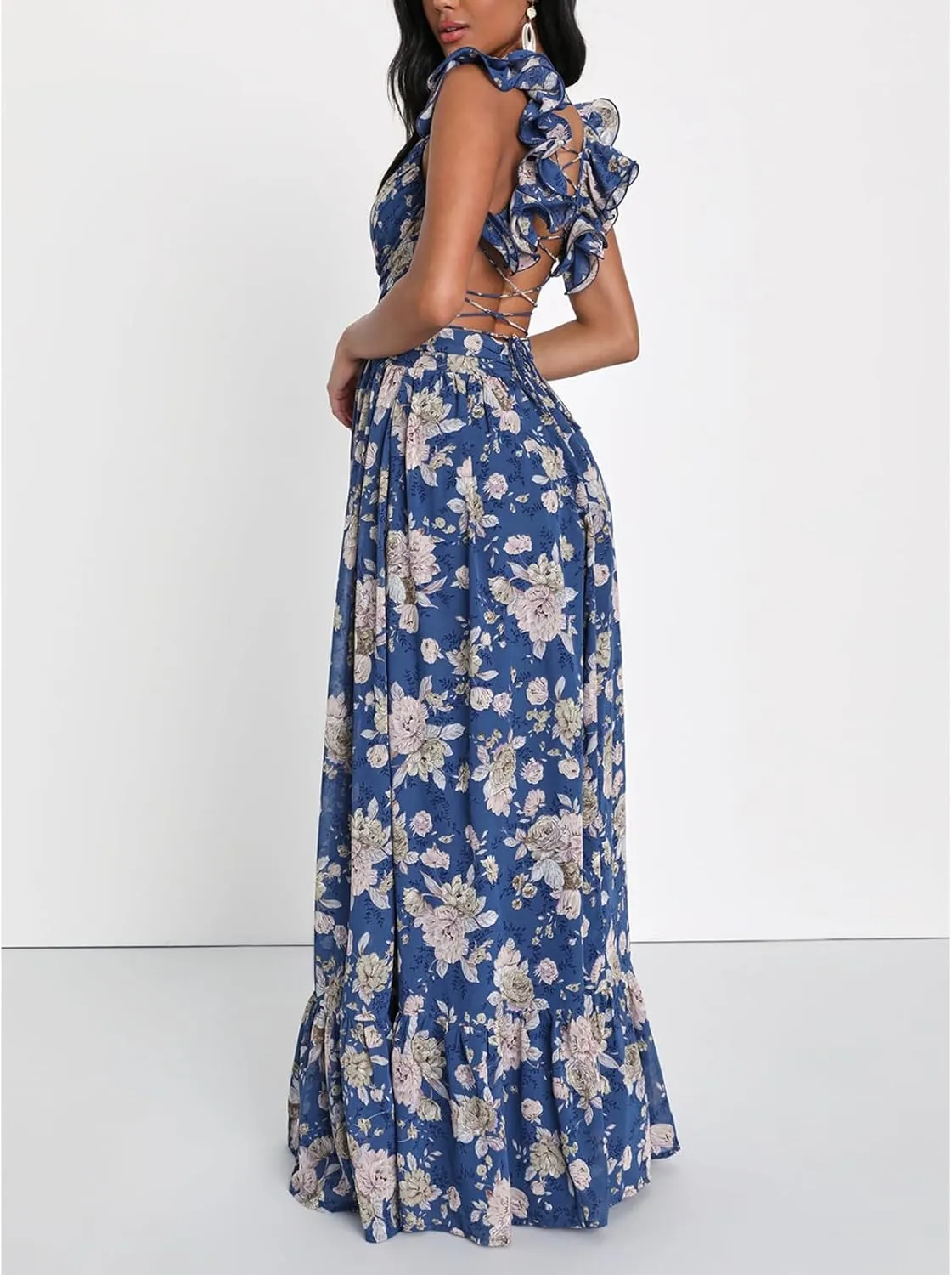 Women Y2k Lace Up Back Floral Maxi Dress Cute Ruffle Trim Backless Tie Beach Formal Long Flowy Dresses