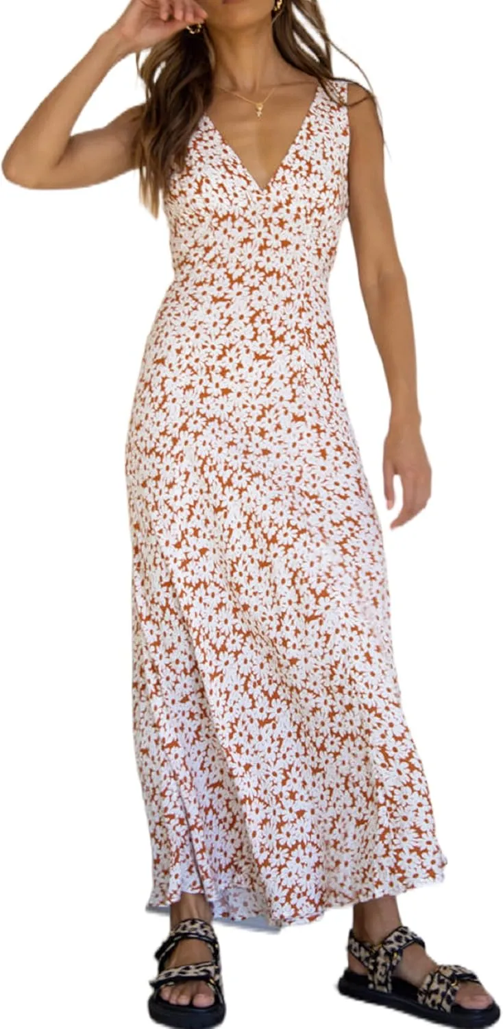 Women Y2K V Neck Maxi Dresses Hollow Out Backless Satin Dress Split Floral Evening Party Dresses Sexy Clubwear