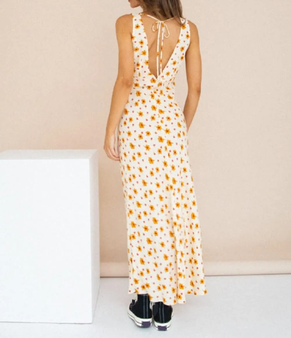 Women Y2K V Neck Maxi Dresses Hollow Out Backless Satin Dress Split Floral Evening Party Dresses Sexy Clubwear