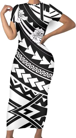 Women's 2024 Scoop Neck Polynesian Tattoo Long Dress Elegant Short Sleeve Puletasi Samoan Bodycon Maxi Dresses