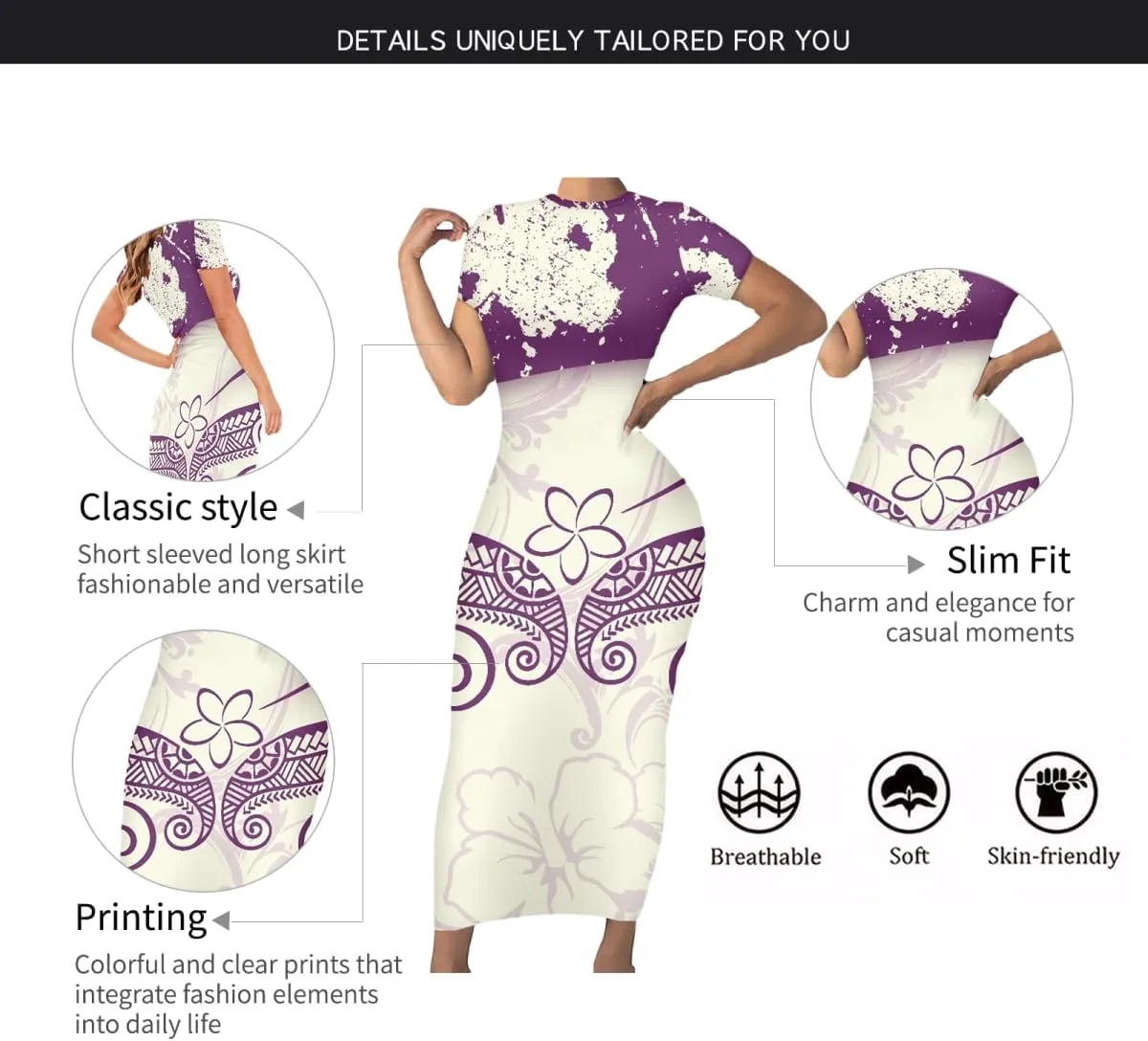 Women's 2024 Scoop Neck Polynesian Tattoo Long Dress Elegant Short Sleeve Puletasi Samoan Bodycon Maxi Dresses
