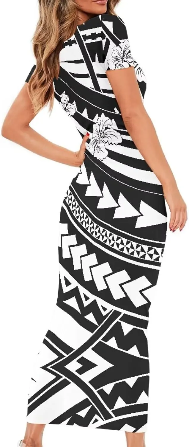 Women's 2024 Scoop Neck Polynesian Tattoo Long Dress Elegant Short Sleeve Puletasi Samoan Bodycon Maxi Dresses
