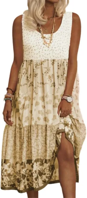 Womens 2024 Summer Sleeveless Boho Floral Tank Dresses Casual Loose Crewneck Plus Size Flowy Tiered Midi Dress