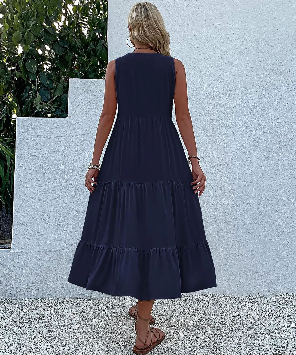 Womens 2025 Summer Dress Sleeveless V Neck Casual Dresses Loose Fit Flowy A Line Beach Sundresses