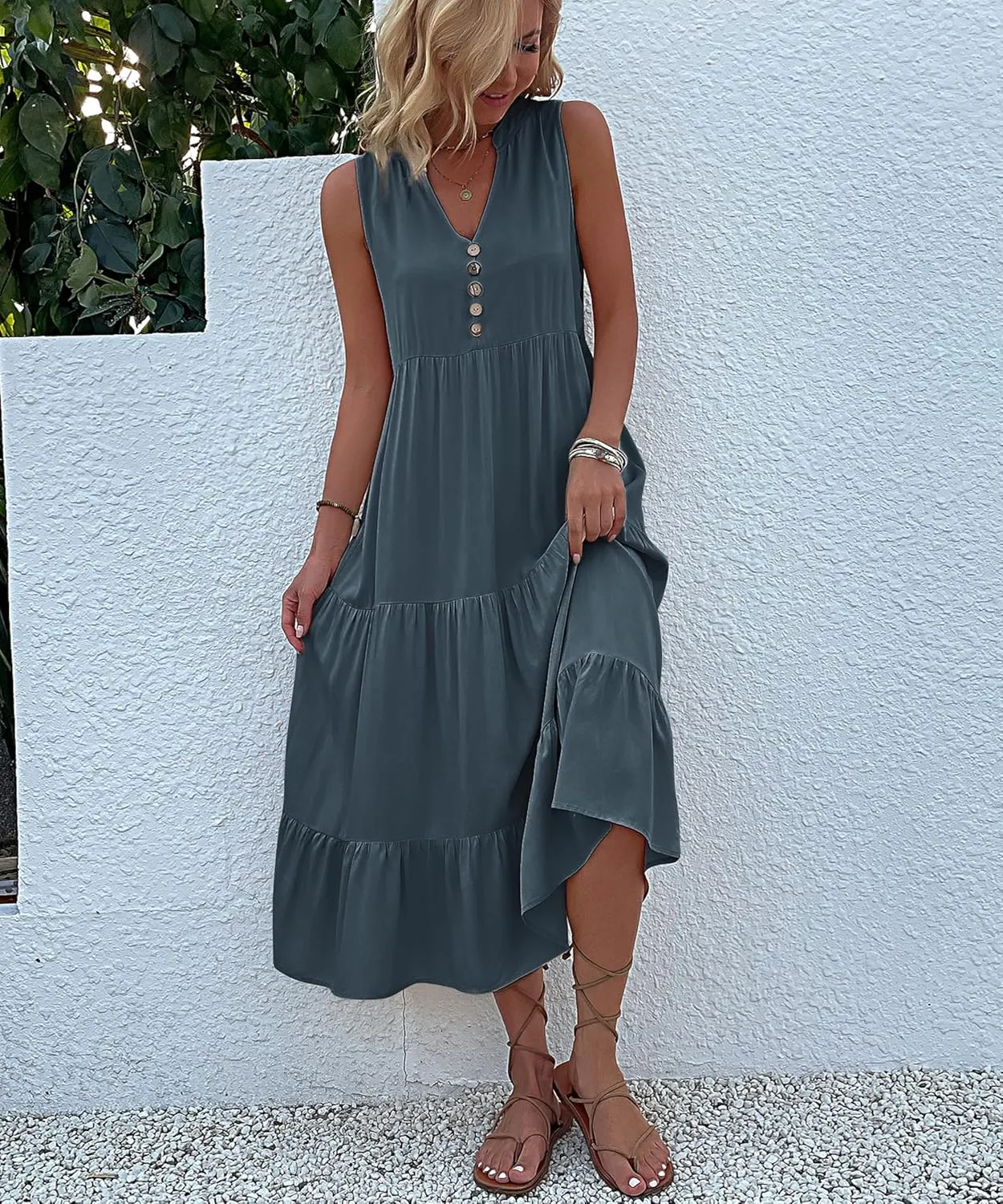 Womens 2025 Summer Dress Sleeveless V Neck Casual Dresses Loose Fit Flowy A Line Beach Sundresses