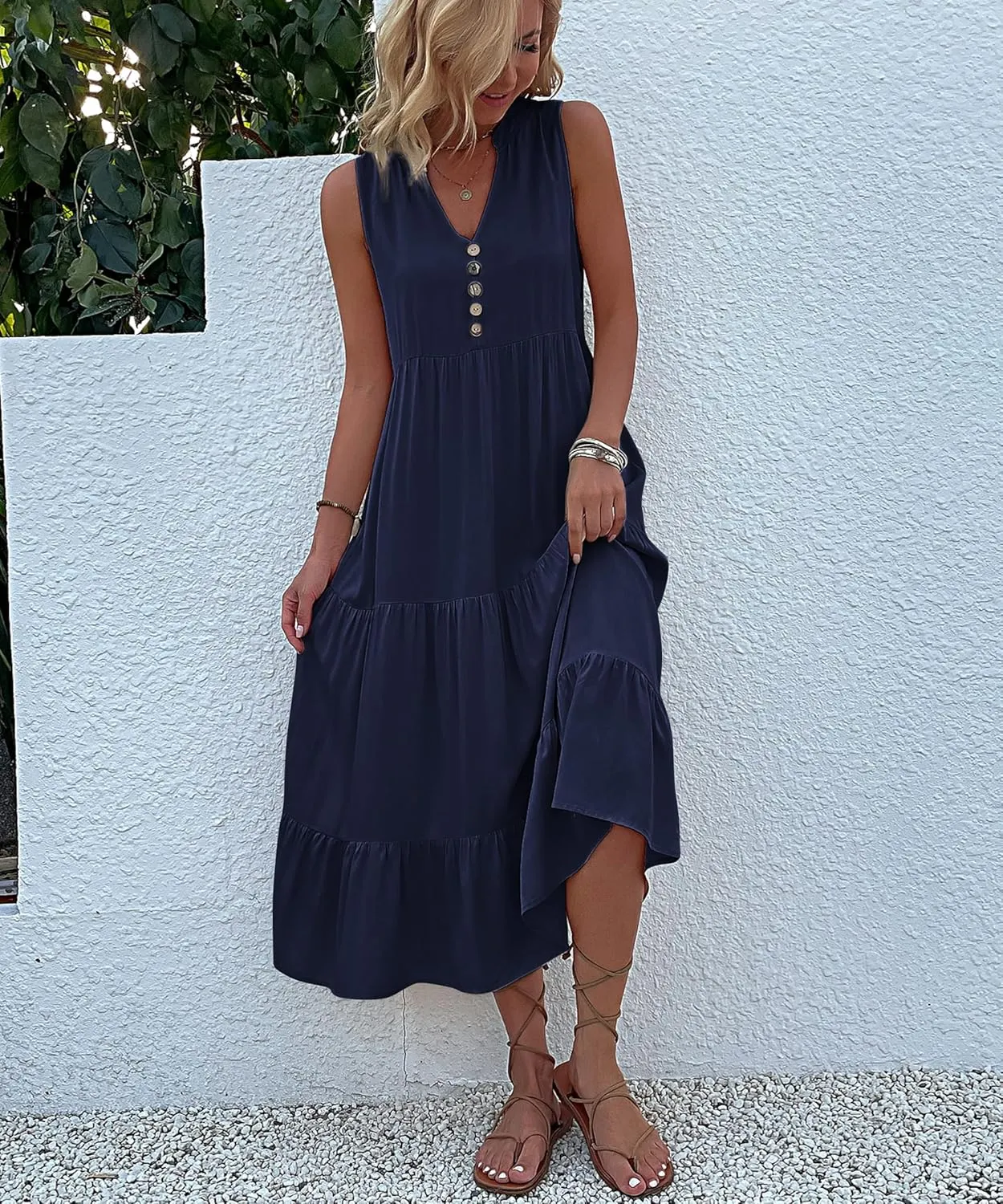Womens 2025 Summer Dress Sleeveless V Neck Casual Dresses Loose Fit Flowy A Line Beach Sundresses