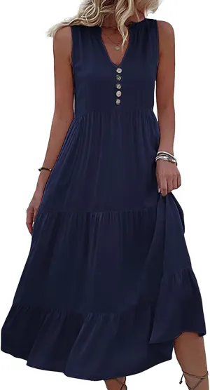 Womens 2025 Summer Dress Sleeveless V Neck Casual Dresses Loose Fit Flowy A Line Beach Sundresses