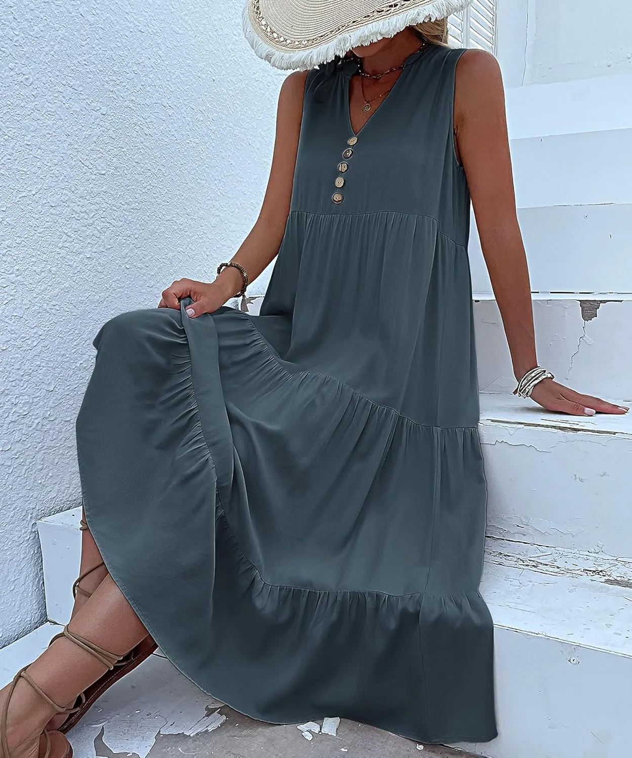 Womens 2025 Summer Dress Sleeveless V Neck Casual Dresses Loose Fit Flowy A Line Beach Sundresses