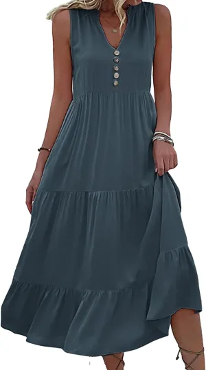 Womens 2025 Summer Dress Sleeveless V Neck Casual Dresses Loose Fit Flowy A Line Beach Sundresses