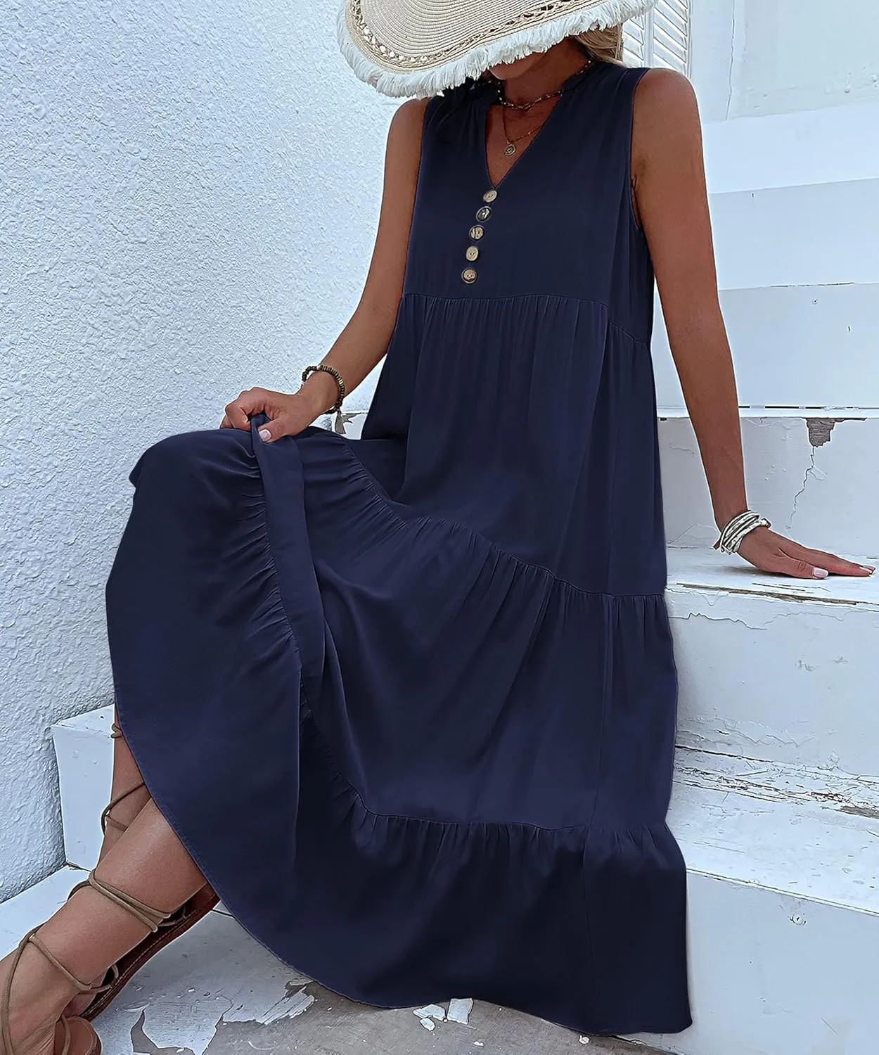 Womens 2025 Summer Dress Sleeveless V Neck Casual Dresses Loose Fit Flowy A Line Beach Sundresses