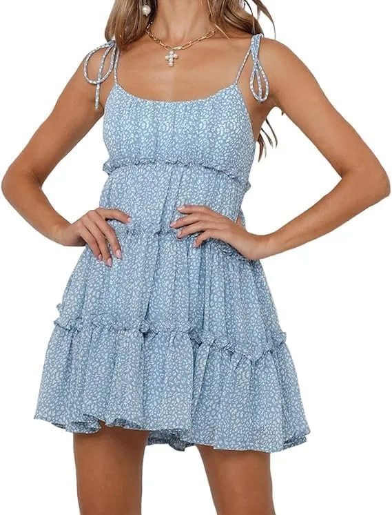 Womens 2025 Summer Floral Mini Dress Boho Flowy Skater Spaghetti Strap Ruffle Sleeveless Beach Dress Sundresses