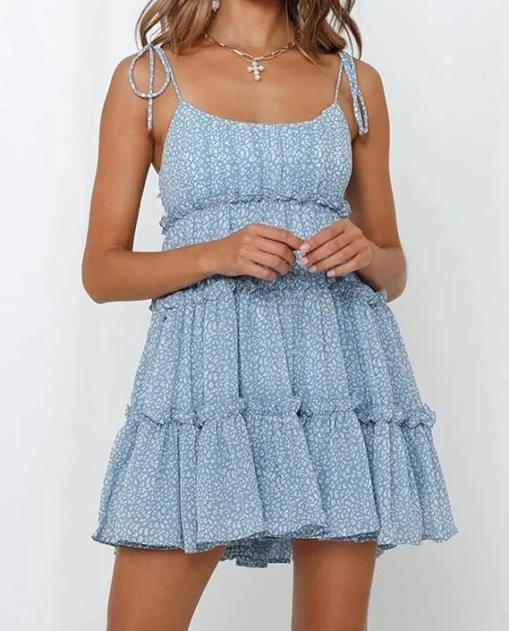 Womens 2025 Summer Floral Mini Dress Boho Flowy Skater Spaghetti Strap Ruffle Sleeveless Beach Dress Sundresses