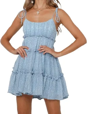Womens 2025 Summer Floral Mini Dress Boho Flowy Skater Spaghetti Strap Ruffle Sleeveless Beach Dress Sundresses
