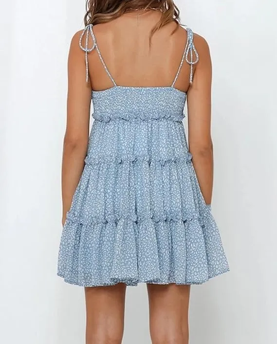 Womens 2025 Summer Floral Mini Dress Boho Flowy Skater Spaghetti Strap Ruffle Sleeveless Beach Dress Sundresses