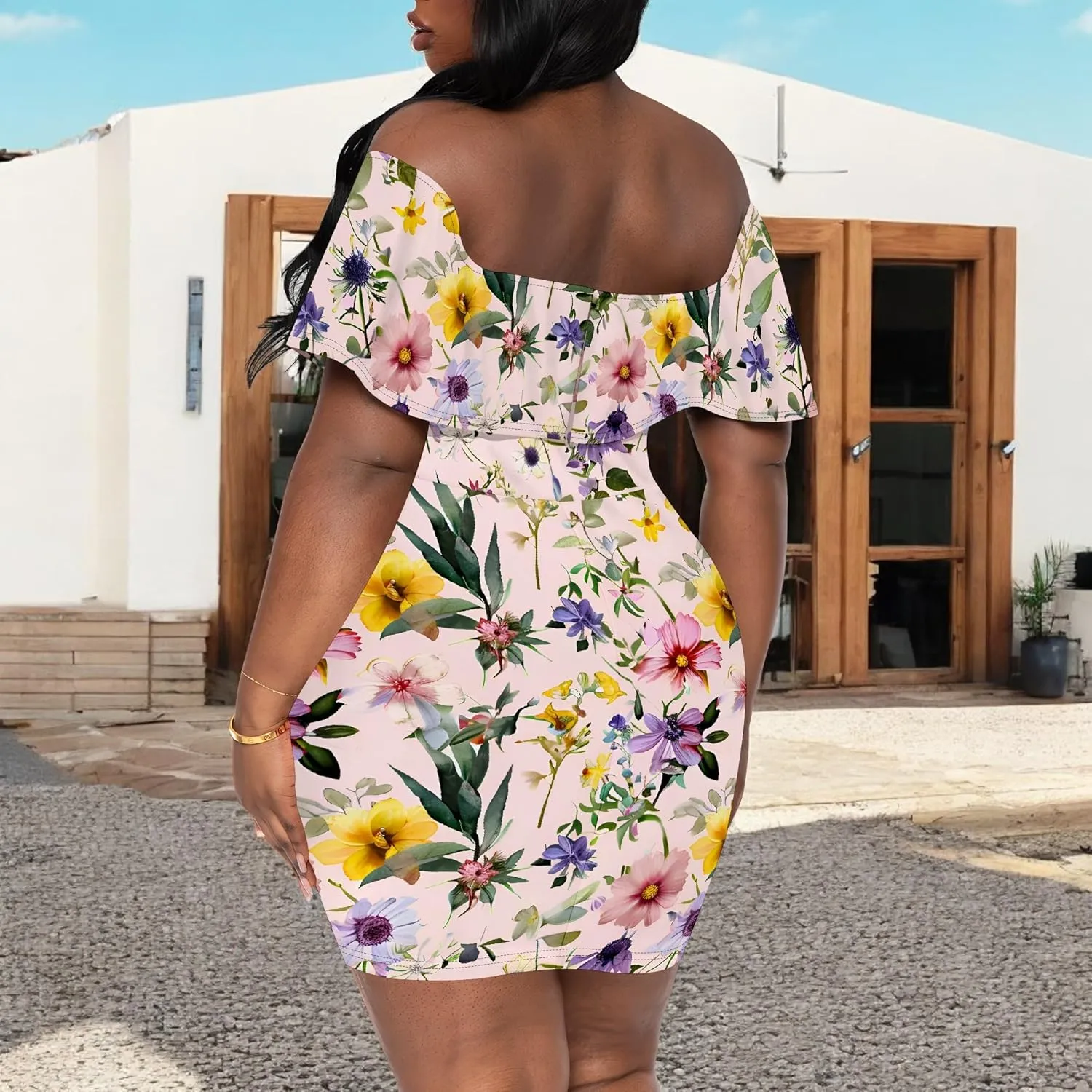Women's 2025 Summer Floral Print Wrap Dress Off The Shoulder Short Sleeve Casual Party Club Sexy Bodycon Midi Dresses