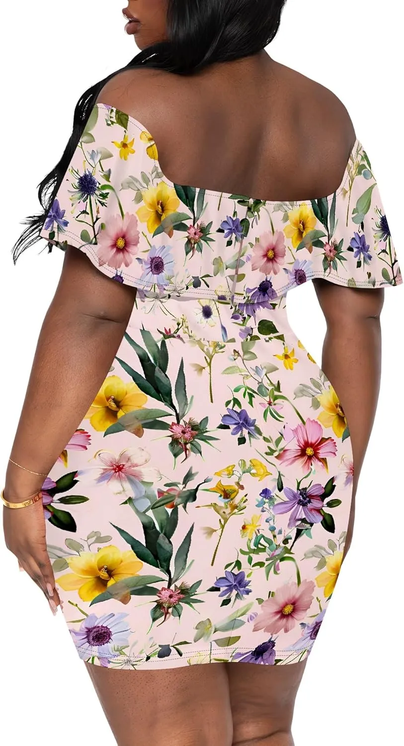 Women's 2025 Summer Floral Print Wrap Dress Off The Shoulder Short Sleeve Casual Party Club Sexy Bodycon Midi Dresses