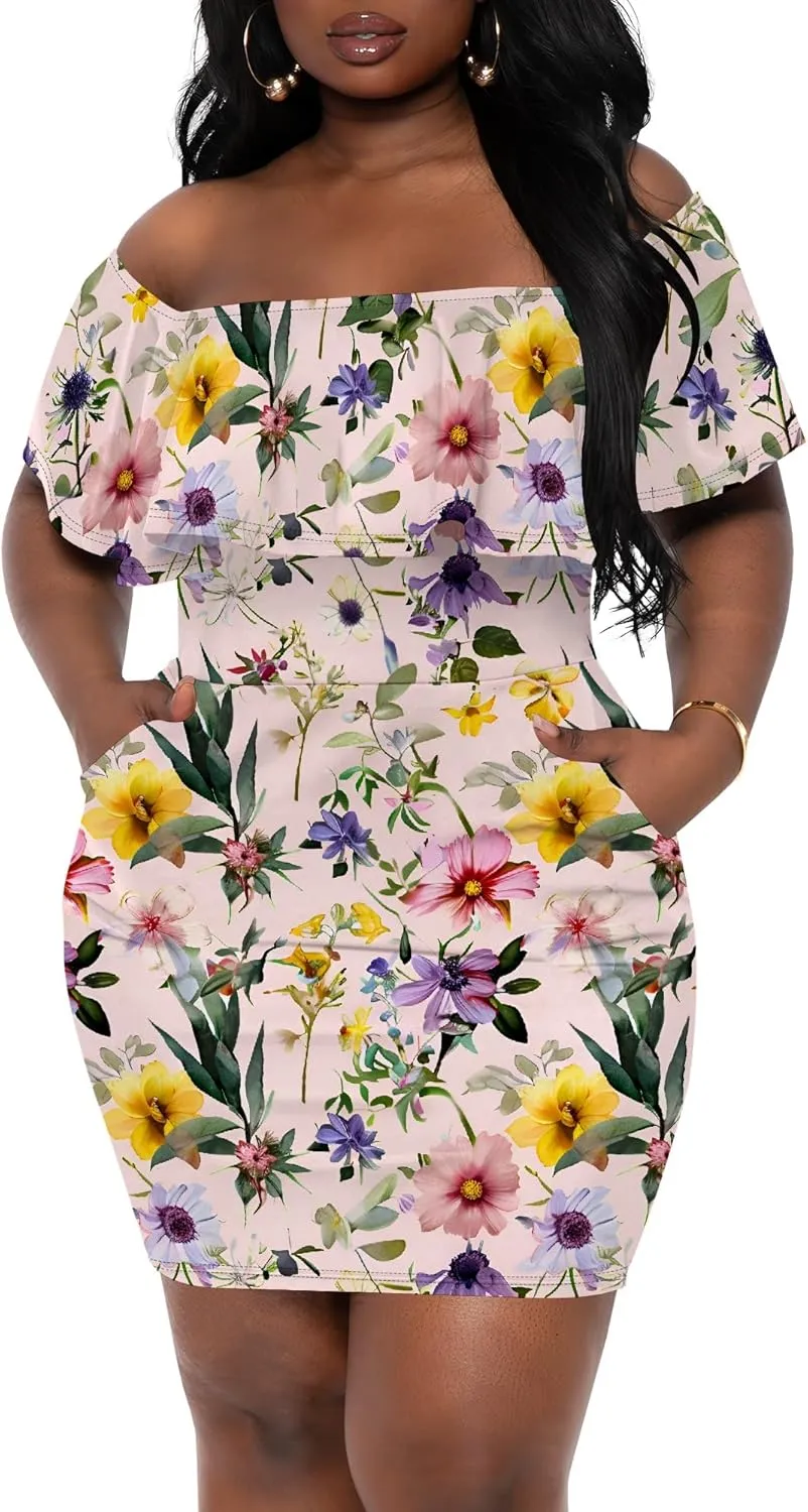Women's 2025 Summer Floral Print Wrap Dress Off The Shoulder Short Sleeve Casual Party Club Sexy Bodycon Midi Dresses