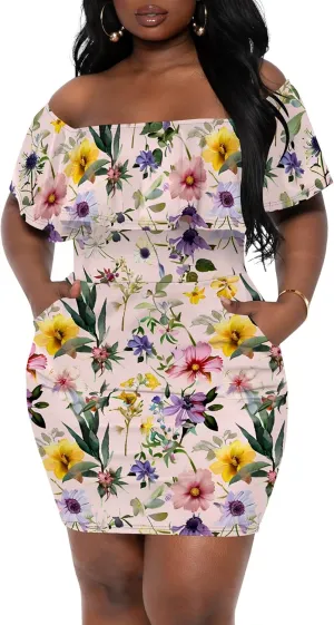 Women's 2025 Summer Floral Print Wrap Dress Off The Shoulder Short Sleeve Casual Party Club Sexy Bodycon Midi Dresses