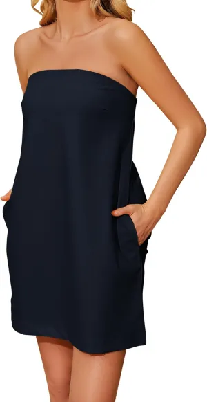Womens Beach Tube Dress with Pockets Off The Shoulder Loose Fit Solid Casual Strapless Mini Dress