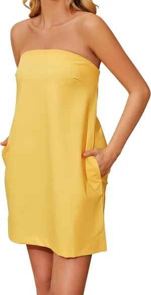 Womens Beach Tube Dress with Pockets Off The Shoulder Loose Fit Solid Casual Strapless Mini Dress