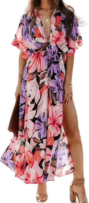 Women's Bohemian Dress Beach Floral Sundress Flowy Boho Midi Dresses Print Side Slit Deep V-Neck Vacation Long Skirts