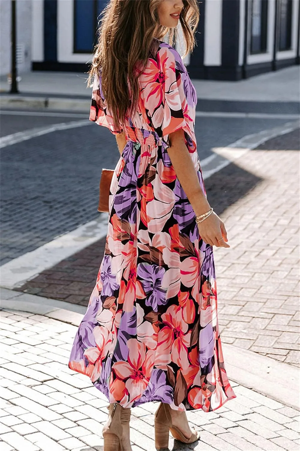Women's Bohemian Dress Beach Floral Sundress Flowy Boho Midi Dresses Print Side Slit Deep V-Neck Vacation Long Skirts